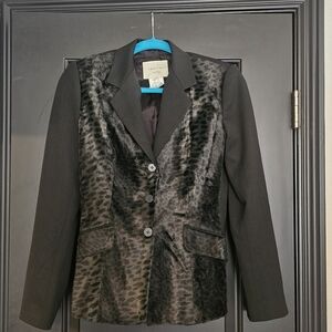 Vertigo Paris Black Faux Fur Front Leopard Print Women's Blazer Size Small